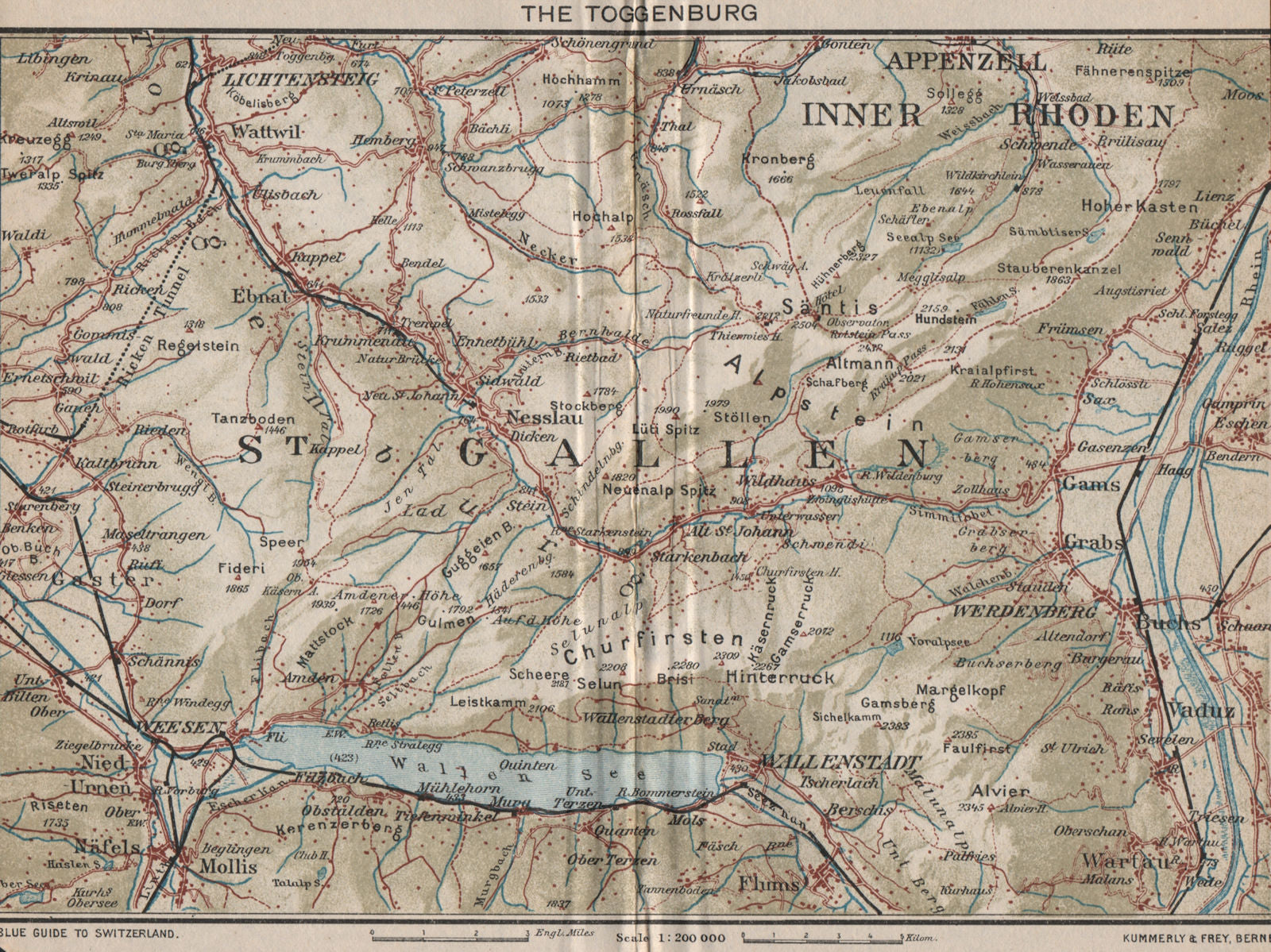TOGGENBURG. Walensee Filzbach Flumserberg Ebenalp Alt St Johann 1930 old map